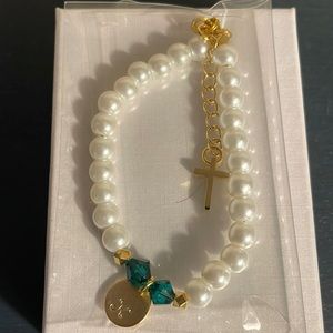 Girls bracelet with Cross, letter”K” and May birthstone